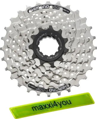 Produktbild von Angebot Set / Shimano Kassette CS-HG41 7-Fach 11-28 Zähne zum stecken silber inkl. maxxi4you Reflexband