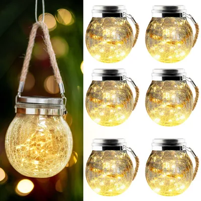 Obrázok produktu pre LUMILED sada 6 solárnych závesných svietidiel 12 cm IP44 3000K 20 LED diód 600mAh solárne závesné svetlo, krištáľové sklenené gule na zavesenie, rozbitá sklenená optika, súmrakový senzor záhradná dekorácia pre vonkajšiu záhradnú terasu