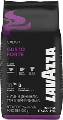 A bag of Lavazza Expert Gusto Forte coffee beans against a black background.