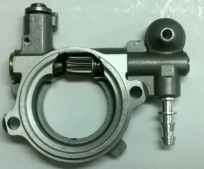 A close-up studio shot of a metal oil pump.
