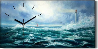 Produktbild von Wohnzimmer-Bild Leinwand Uhr 60x30 Gemälde Ozean Meer Sturm Wellen Leuchtturm - schwarze Hände