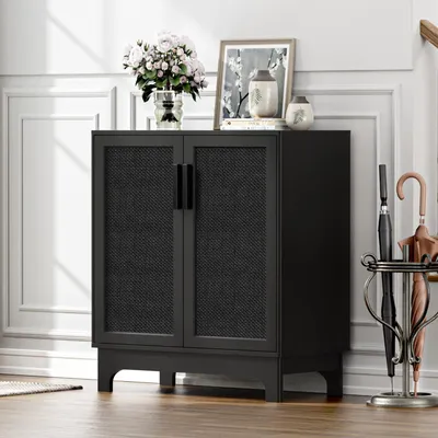 Immagine prodotto di Mobiletto da cucina, credenza, stile rustico, ante in rattan, colore nero, dimensioni 80x40x89 cm