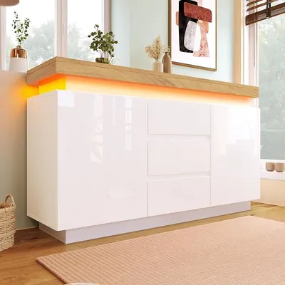 Produktbild von Kommode Hochglanz Sideboard mit 2 Türen und 3 Schubladen, LED Licht (App Control), Mehrzweckschrank für Wohnzimmer und Schlafzimmer, 81x140x39 cm, Weiß