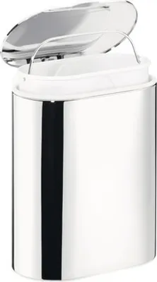 A silver trash can with its lid open, showing a white inner bin.