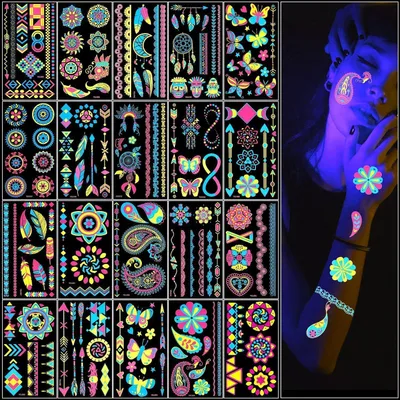 Produktbild von UV Neon Tattoos, 20 Blätter Temporäre Schminke für Schwarzlicht Party