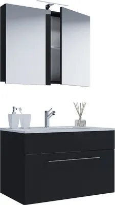 Produktbild von VCM 3-tlg. Waschplatz Set Waschtisch Waschbecken Keramik "Sentas Spiegelschrank + 1 Schublade" Schwarz, 80 x T. 46 cm
