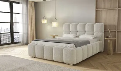Produktbild von Polsterbett LUNA mit Kopfteil, 200 x 200 cm, Doppelbett mit Bettkasten und Lattenrost aus Metall, Boucle Stoff: Beige