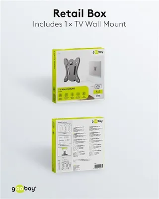 The image shows the retail packaging of a Goobay TV wall mount. The top part of the image displays the front of the box, showcasing the product itself and some key features. The bottom part shows the back of the box with detailed specifications and diagram