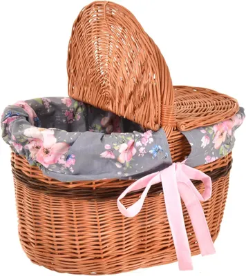 Produktbild von Picknickkorb mit Deckel 40 cm Einkaufskorb Weide mit Henkel & Stoffeinlage Natur Mehrfarbig grau