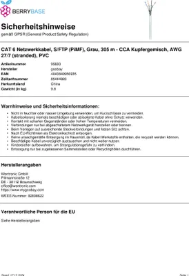 Produktbild von Goobay 95693, 305 m, Cat6, S/FTP (S-STP), Grau