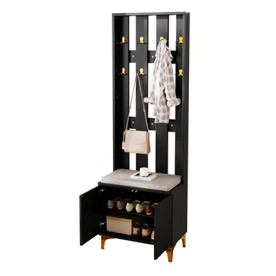 Obrázek produktu pro Šatní skříň 3 v 1 se zásuvkou na boty, 8 dvojitých věšáků na kabáty, čalouněná lavice s lněnou látkou, elegantní design s zlatými kovovými nožkami, černá barva