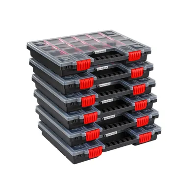 Produktbild von Sada 6 boxů na sortiment Třídící box na drobné díly macagin Rozdělovače Průhledné víko Uzamykatelné Stohovatelné Plast 34,4 x 24,9 x 5 cm