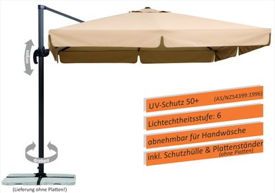 Schneider Ampelschirm RHODOS 300 x 300 cm inkl. Plattenständer (für Wegeplatten), Farbe Natur