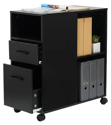 Image de Caisson à roulettes Relaxdays, 2 tiroirs, 3 compartiments, H x l x P : 65 x 30 x 60 cm, MDF, meuble bas de bureau, armoire à dossiers, noir