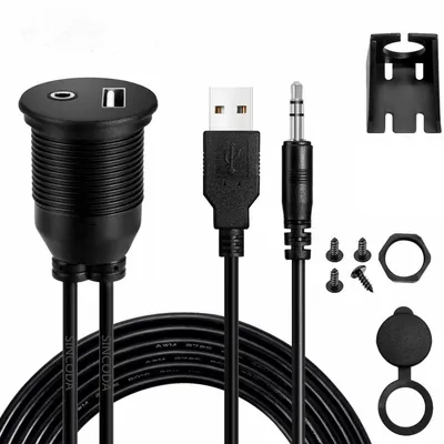 Produktbild von Q74C Auto Verlängerungskabel 1m – 3,5mm AUX + USB 2.0 Stecker auf Buchse, Armaturenbrett Einbaukabel
