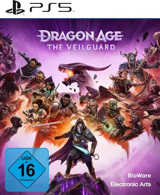 The image is a promotional artwork for the video game Dragon Age: The Veilguard, featuring multiple characters and a dragon against a vibrant, fantastical background. A rating icon is present in the bottom left corner.