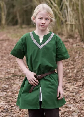 Immagine prodotto di Tunica medievale per bambini Ailrik con bordo, maniche corte, verde - Cotone - Camicia vichinga per bambini e bambine - Taglia medievale: 146