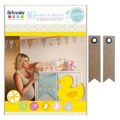 Produktbild von Flaggen - & Dekorationsbox für Babypartys + 20 Wimpel Kraft Etiketten