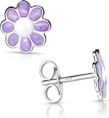 Produktbild von MATERIA Kinder Ohrstecker Blume lila weiß Glitzer 925 Echt Silber Mädchen Ohrringe SO-399-Lila