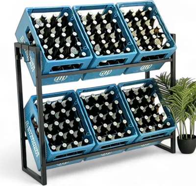 A metal rack holding several blue crates filled with bottles.