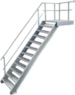 A metal staircase with a platform and railing, shown against a white background.