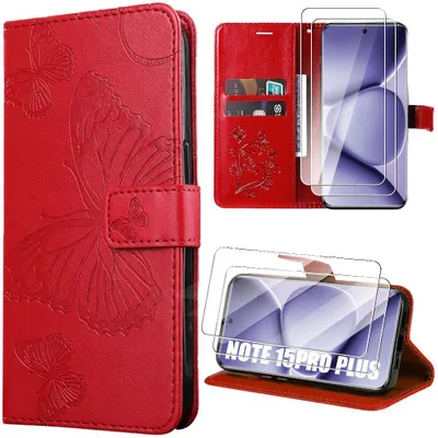 Image de Coque + 2 Verres Trempés pour Xiaomi Redmi Note 15 Pro Plus 5G, Antichoc Effet Cuir Motif Papillon Rouge