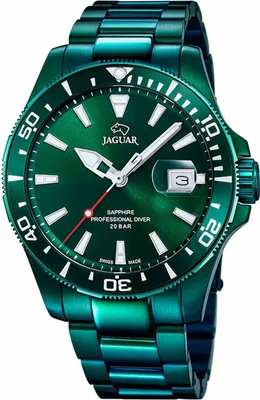A close-up studio shot of a green Jaguar professional diver watch.