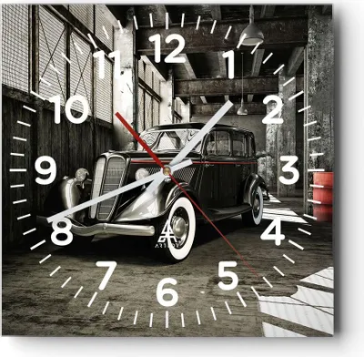 Produktbild von Wanduhr - Quadrat - Glasuhr - Auto klassisch auto modell - 40x40cm - Schleichendes Uhrwerk - Lautlos - zum Aufhängen bereit - Dekoration Modern - Wanddekoration aus Glas - C4AC40x40-2557