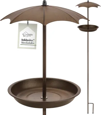 Produktbild von WILDLIFE HOME Vogeltränke stehend auf Stab 'Regenschirm' I Vogelfutterspender mit Erdspieß Garten, Balkon I Vogelbad frostsicher aus Gusseisen I Vogelfutterstation für Vögel, Wildvögel