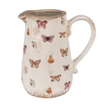 Produktbild von Clayre & Eef Dekorative Kanne 16x12x18 cm Beige Rosa Keramik Schmetterlinge