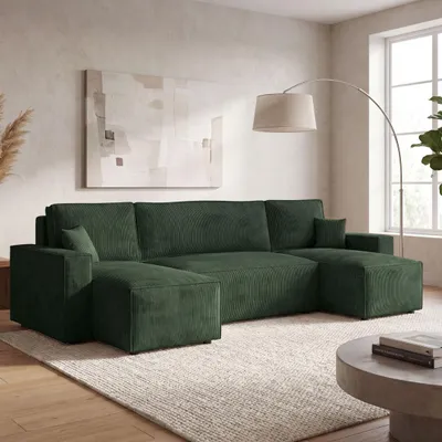 Obrázek produktu pro Rohová sedačka EZIMPAZ Wohnlandschaft U-tvaru CORDO, zelená barva, s možností rozložení na lůžko, rozměry 140x310 cm