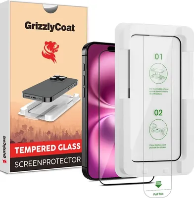 Produktbild von GrizzlyCoat AlignPro iPhone 16 Panzerglas Gehärtetes Glas Displayschutz - Hüllenfreundlich + Applikator - Schwarz