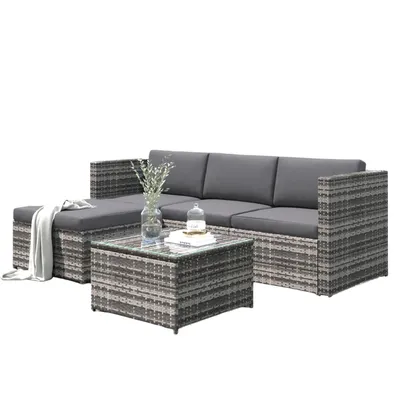 Produktbild von Polyrattan Lounge-Sofagarnitur, Lounge-Gartenmöbel, Ecksofa, Couchgarnitur mit Sitz- und Rückenkissen, Lounge-Tisch mit Glasplatte, Grau