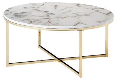 Produktbild von Design Couchtisch Ø 80 cm in Marmoroptik, Wohnzimmertisch mit Metallgestell, runder Sofatisch, Beistelltisch in Weiß