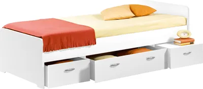 A white bed with drawers, a yellow mattress, and orange and yellow pillows. A red blanket is draped over the bed.