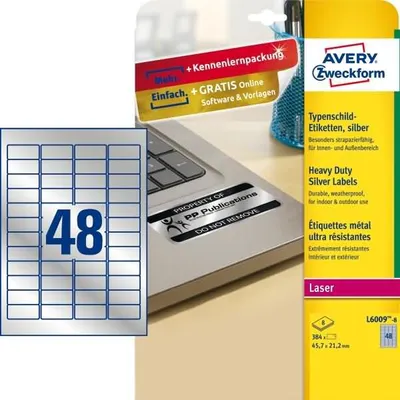 Image de 384 étiquettes de plaque signalétique AVERY Zweckform L6009-8 argentées 45,7 x 21,2 mm