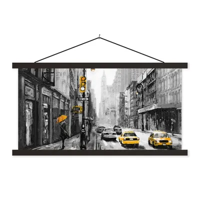 Produktbild von MuchoWow® Textilposter Gemälde - Ölfarbe - Stadt - Auto 150x75 cm mit schwarzem Rahmen - Posterleiste