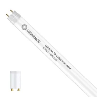A single LED tube light is shown diagonally against a white background. A smaller image of the base of the light is in the bottom left corner.