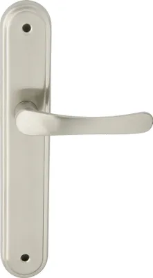A silver door handle with a long plate is shown against a white background.