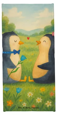 Produktbild von Mr. & Mrs. Panda Strandtuch Pinguin Pärchen Design - Eisblau - Geschenk, Handtuch, Liebe, Hochzeitsgeschenk, Hochzeit, Verknallt, Reisehandtuch, Badehandtuch, Sport