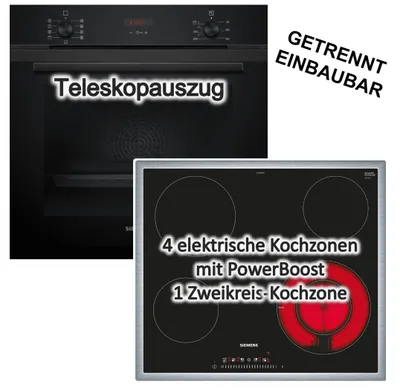 Produktbild von Herdset SIEMENS Backofen Hydrolyse Teleskopauszug + Glaskeramikkochfeld Booster autark 60cm