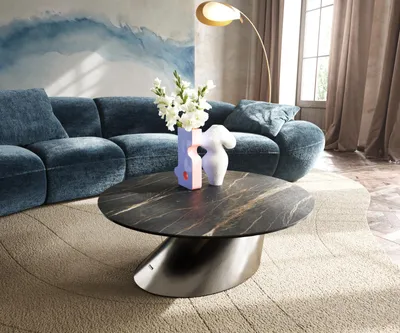 Produktbild von DELIFE Couchtisch Edge Rund 90x90 cm Keramik Laminam® Noir Desir Braun Conis Edelstahl gebürstet