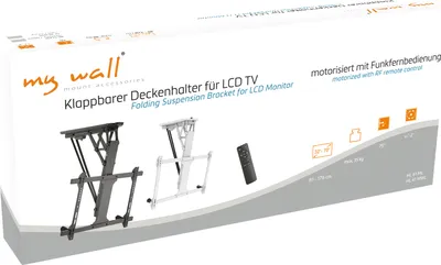The image shows the packaging of a motorized folding suspension bracket for LCD TVs.