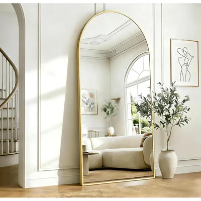 Immagine prodotto di Specchio a parete 180 x 66 cm, con superficie curva, specchio a figura intera, cornice in alluminio dorato, da appendere, da appoggiare, inclinabile