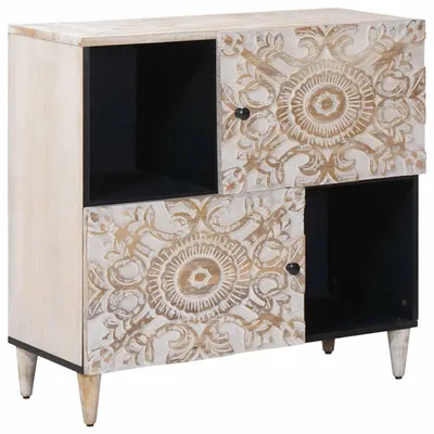 Image de Meuble de rangement exclusif - Buffet avec espace de rangement, blanc, 80 x 33,5 x 75 cm, en bois massif de manguier