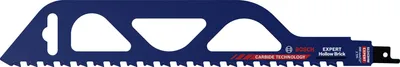 A blue saw blade with white cutouts and text on a white background.