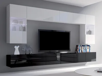 Produktbild von Moderne Wohnwand CALABRINI-1 Wohnzimmer-Set Hängewohnwand Schrankwand mit LED-Beleuchtung Hochglanz TV-Schrank Anbauwand (Weiß + Schwarz)