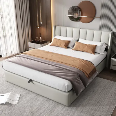 Produktbild von MODFU Boxspringbett Hydraulisches 160 x 200 cm mit LED-Beleuchtung, Polsterbett Funktionelles mit USB-Ladeanschluss, Doppelbett Stauraumbett mit Bettkasten Stauraum, PolyurethanGrau(Ohne Matratze)