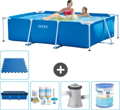 Produktbild von Intex-Schwimmbecken mit rechteckigem Rahmen – 220 x 150 x 60 cm – Blau – im Lieferumfang enthalten Abdeckung - Wartungspaket - Filterpumpe für Schwimmbad - Filter - Bodenfliesen