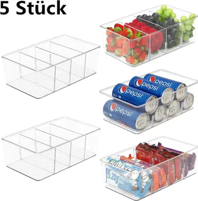 Produktbild von 5 x Küchenschrank Organizer - Aufbewahrungsbox Küche für Snacks, Gewürze - Küchen Organizer Aufbewahrung mit 4 Fächern & Herausnehmbaren Trennwänden,